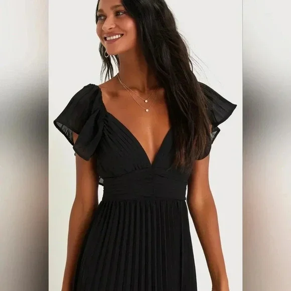 Lulu's Black Pleated Flutter Sleeve Backless Maxi Dress Wedding Party Guest NWT - Picture 3 of 14